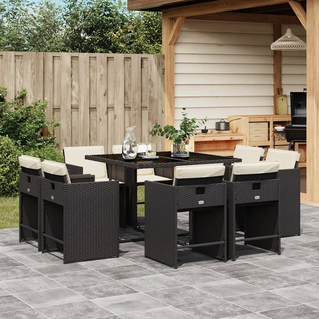 vidaXL Set da Pranzo da Giardino 9 pz con Cuscini Nero in Polyrattan
