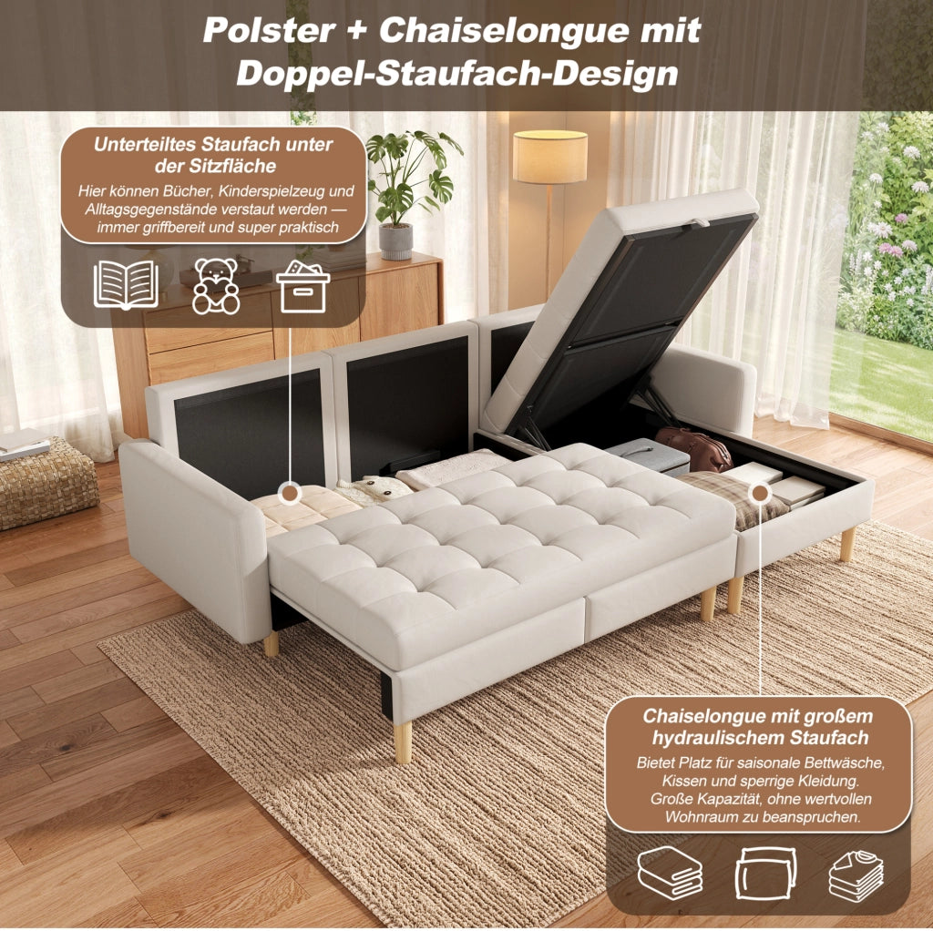 Divano angolare con vano contenitore 212×130×86 cm, chaise longue reversibile, beige