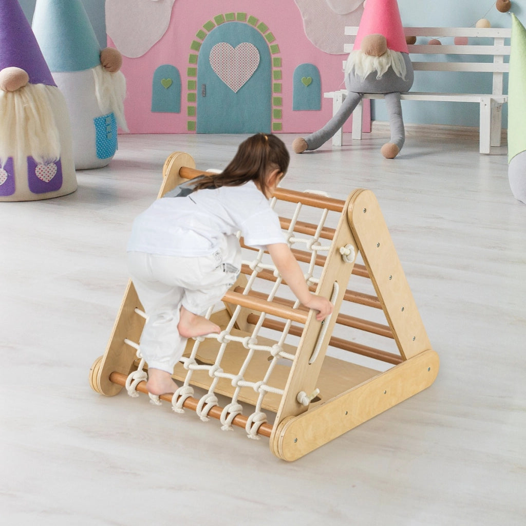 Arrampicata in legno per bambini 4-in-1 con scivolo, Arrampicata a triangolo per interni con rete Naturale