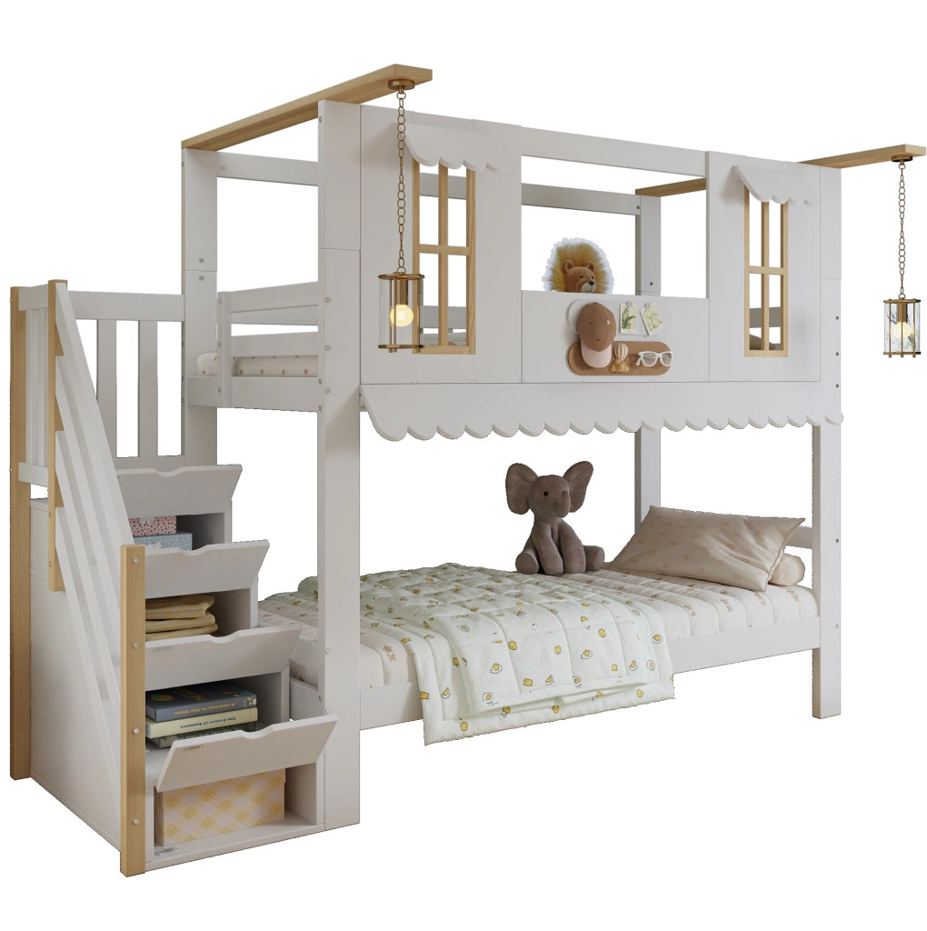 Letto a castello per bambini 90x200 cm bianco e naturale con scala contenitore