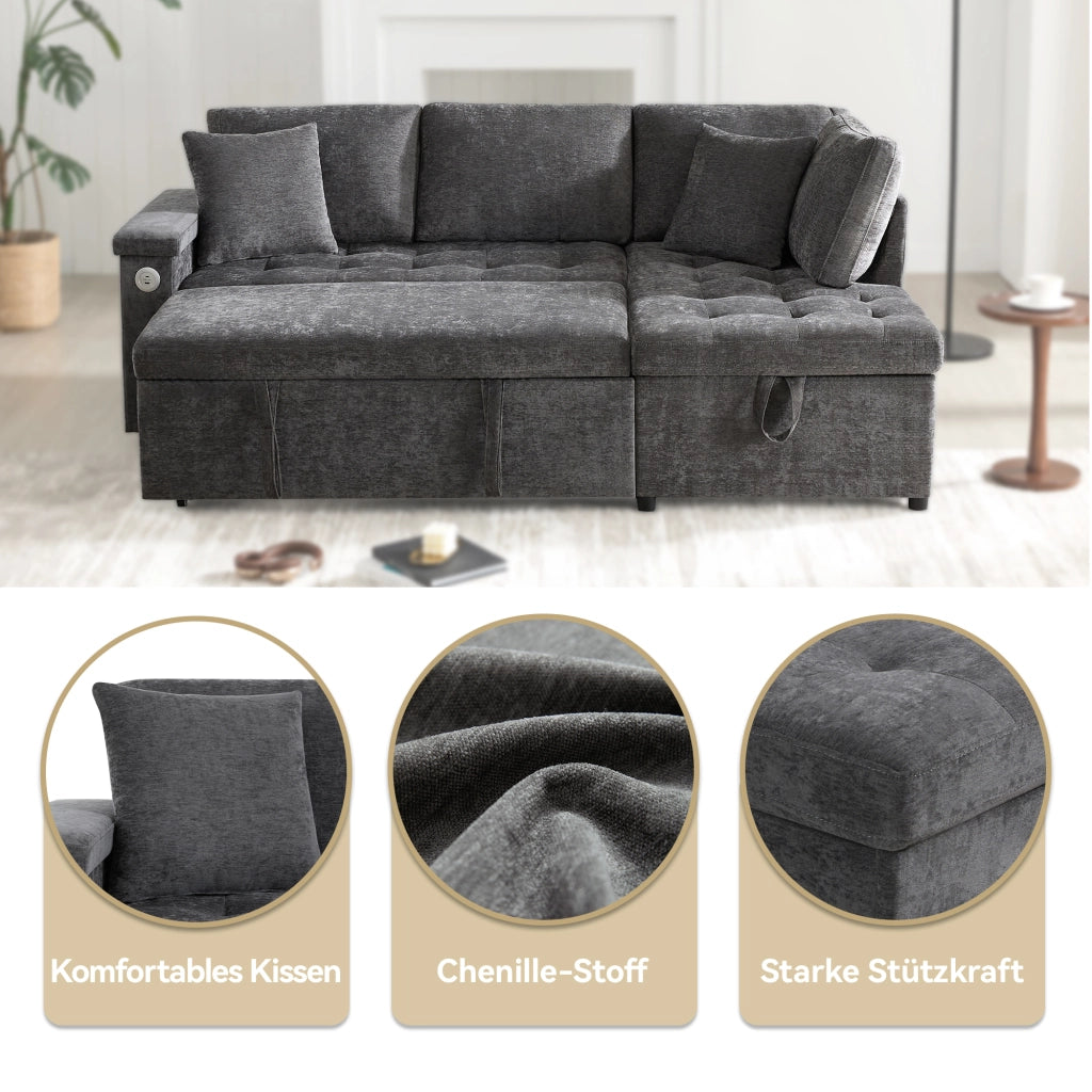 Divano ad angolo convertibile con contenitore, porta USB, portabicchieri e cuscini, in Chenille Grigio Scuro