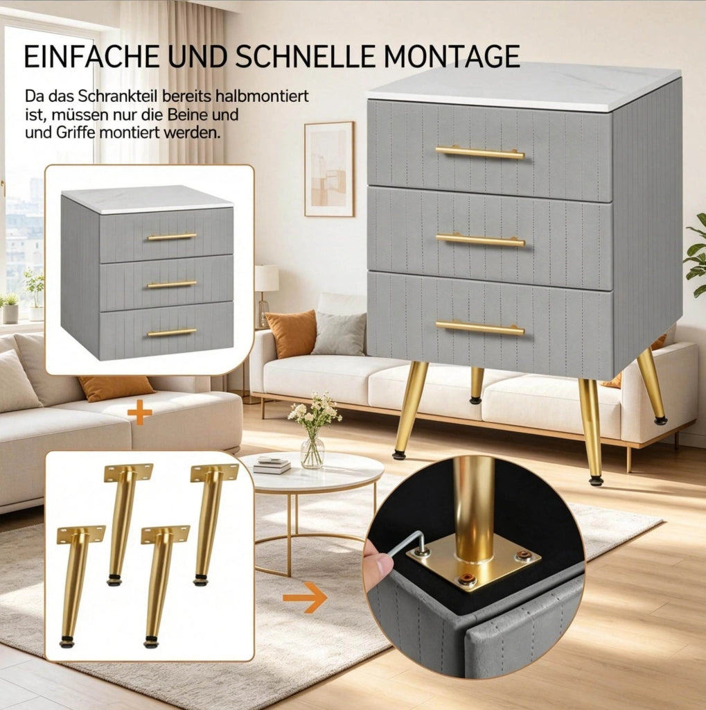 Comodino 40,5 x 41 x 60 cm in MDF grigio, 3 cassetti, effetto marmo