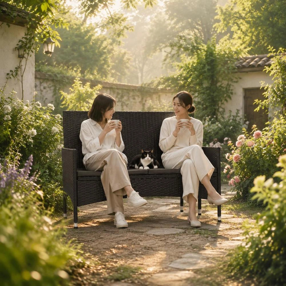 2-seater Garden Bench With Cushions, Black Poly Rattan