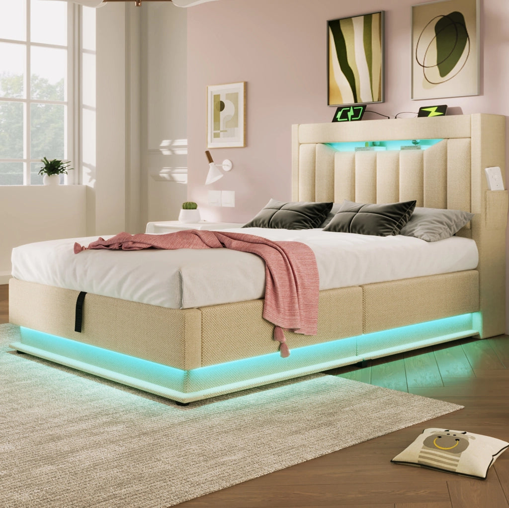 Letto singolo imbottito 90x200 cm con contenitore idraulico; LED; USB e Type-C; lino beige