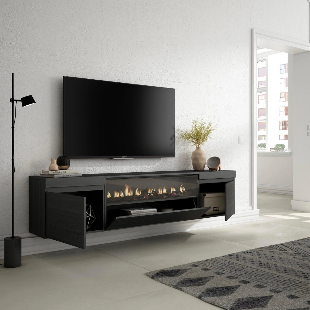 Mobile TV, 200x35x45cm, soggiorno, Per TV fino a 80", Camino elettrico, da appendere, Nero RF2189