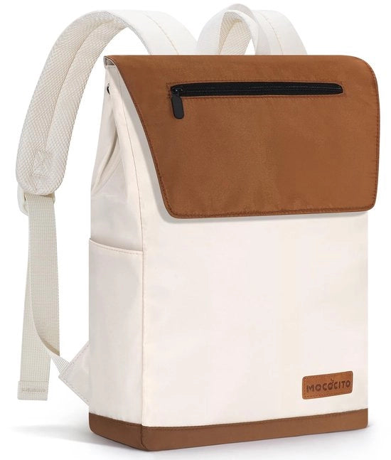 Ragazzina da 15,6 pollici, zaino per viaggio, scuola e ufficio, con tasca per laptop, in pelle beige e marrone.