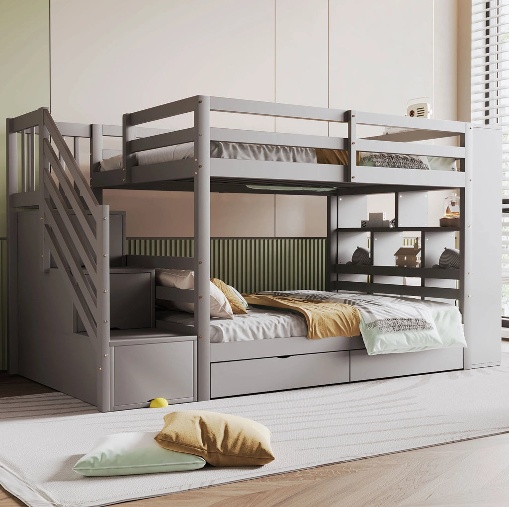 Letto a castello 90x200 cm grigio con scala contenitore