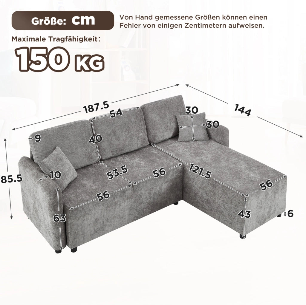 Divano angolare L 3 posti in chenille grigio con 2 cuscini; struttura in legno; compatto