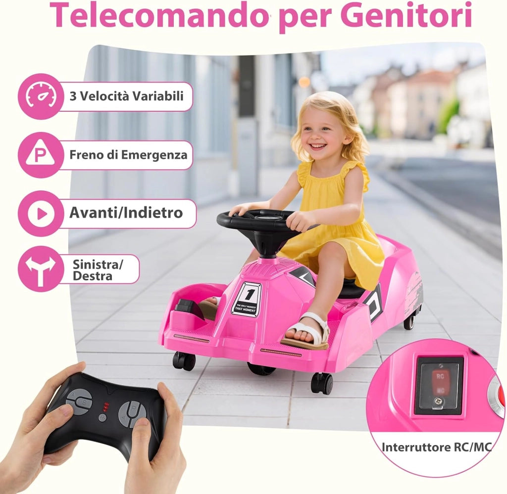Go Kart Elettrico per Bambini, 12V Macchina Elettrica con Telecomando 3 Velocità Clacson Musica, 2-4 km/h, Regalo per Bambini 2-5 Anni (Rosa)