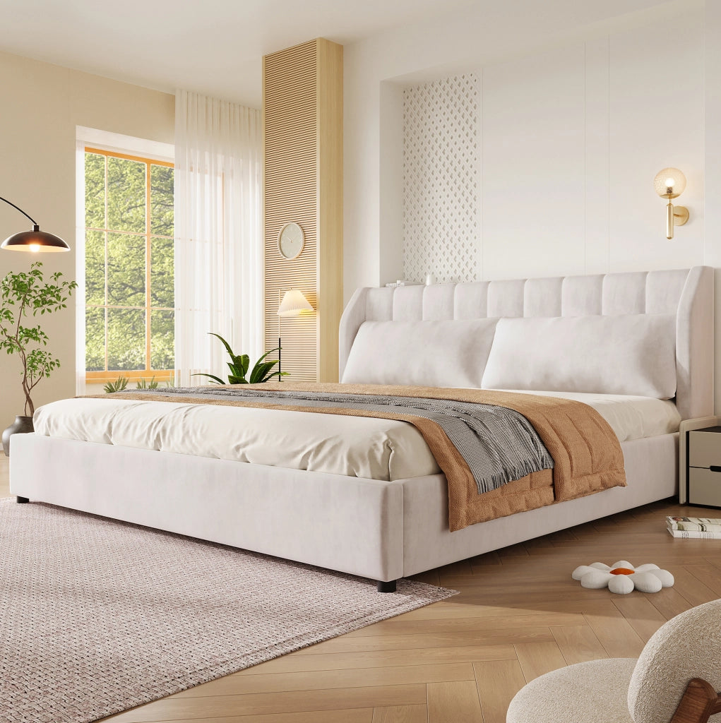 Letto imbottito 180x200 cm beige in flanella con rete a doghe