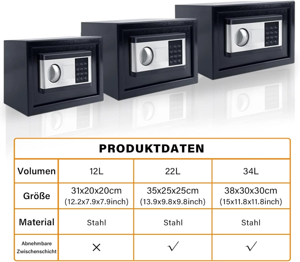 Safe Cassaforte per mobili da casa, impermeabile, 22 l, con codice di sicurezza e chiavi di sicurezza e funzioni di allarme, cassaforte
