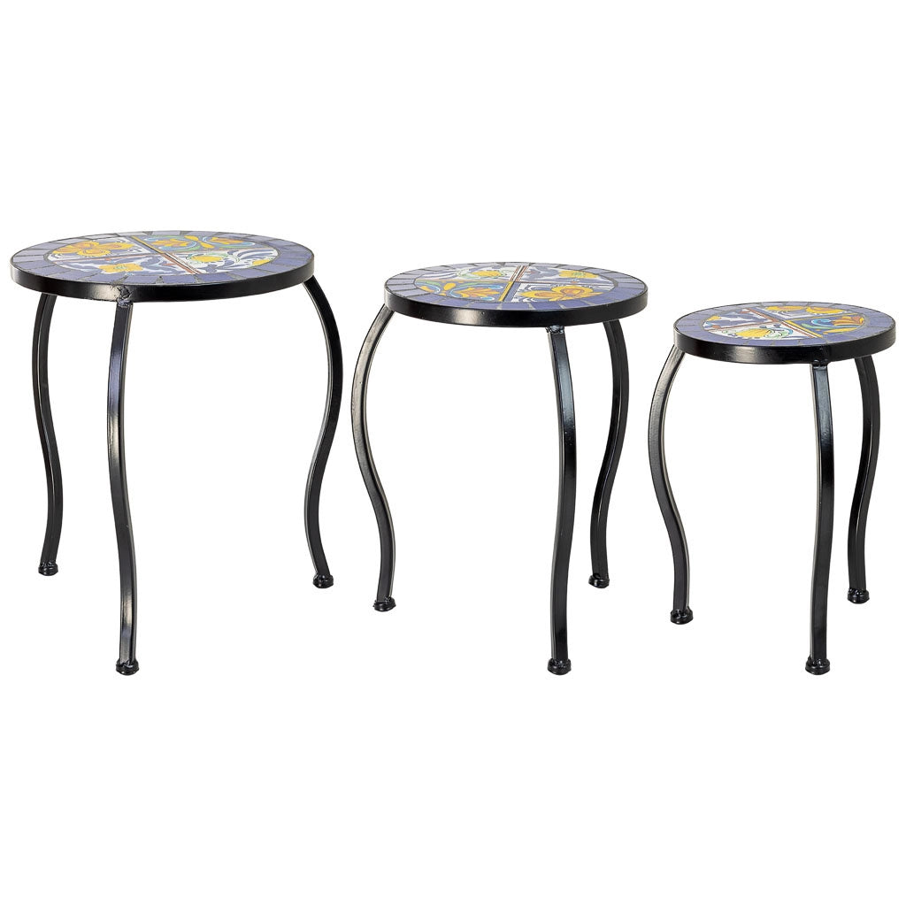 Set di 3 supporti, mosaico Blu e ferro battuto, 33x33x37h-28x28x33h-23