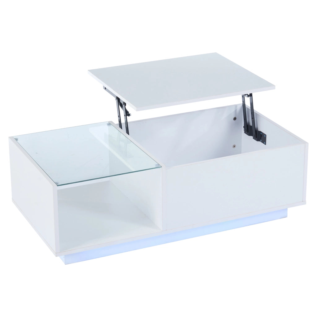 Tavolino da caffè alzabile con LED e vano contenitore - per soggiorno - 100x50x33 cm - bianco