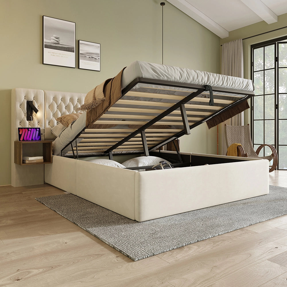 Letto con contenitore idraulico 160x200 cm - Xylo - Velluto Beige con comodini, luce lettura e USB