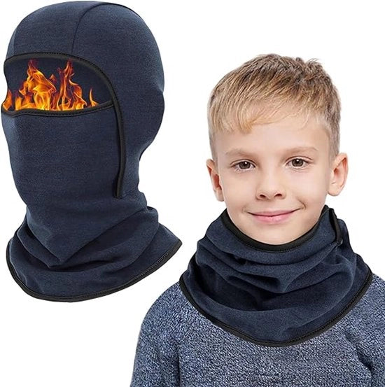 Due cappuccioli da bivacco caldi per bambini da 6 a 14 anni, maschera da sci multifunzionale impermeabile al vento, cappello da ciclismo con guantiera, copricapo per ragazzi e ragazze, attività all'aperto in inverno, Blu Marina