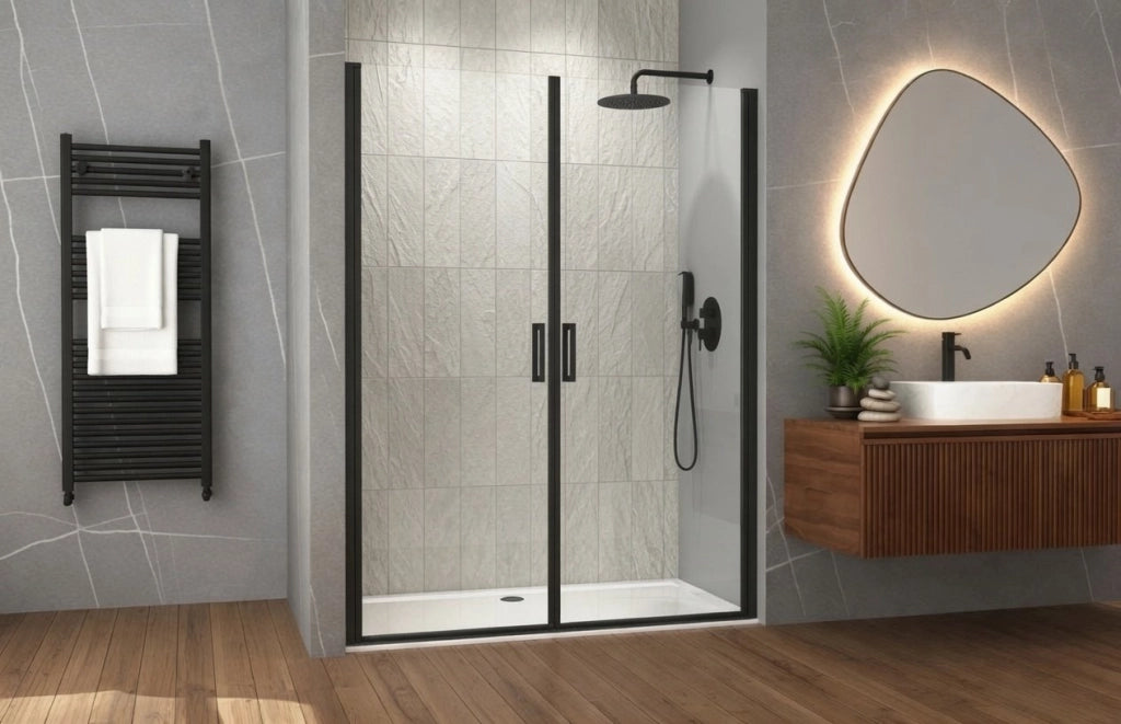 Box doccia nicchia 100 cm porta DUE BATTENTI H200 cm cristallo 6mm profilo NERO OPACO ZENO