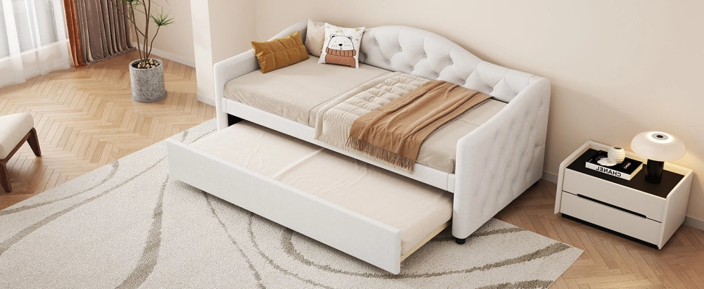 Letto estraibile singolo 90 × 200 cm con letto supplementare, senza materasso, in lino e MDF beige