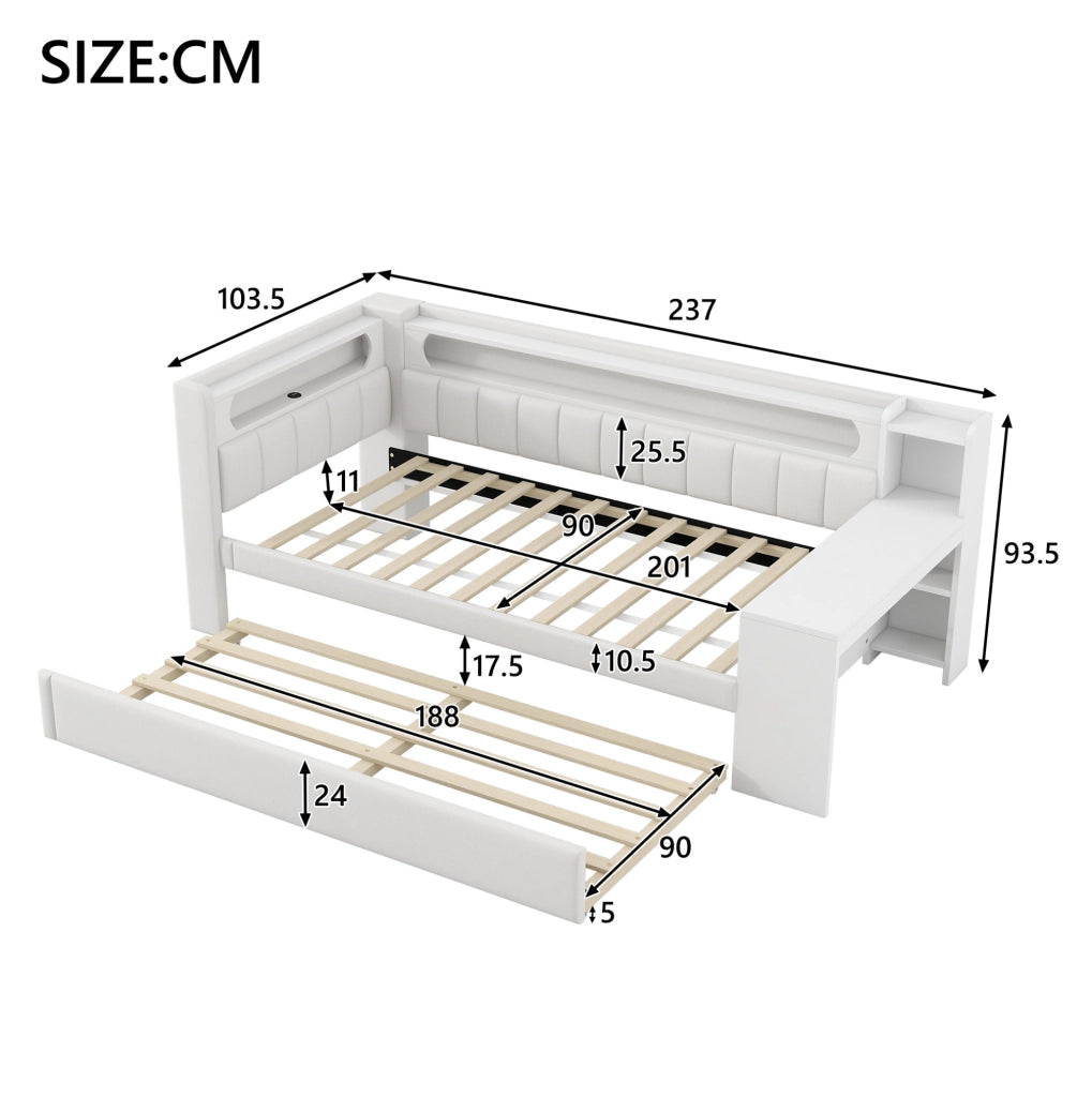 Letto da giorno imbottito 90x200 cm con letto estraibile; LED; USB e scrivania; bianco