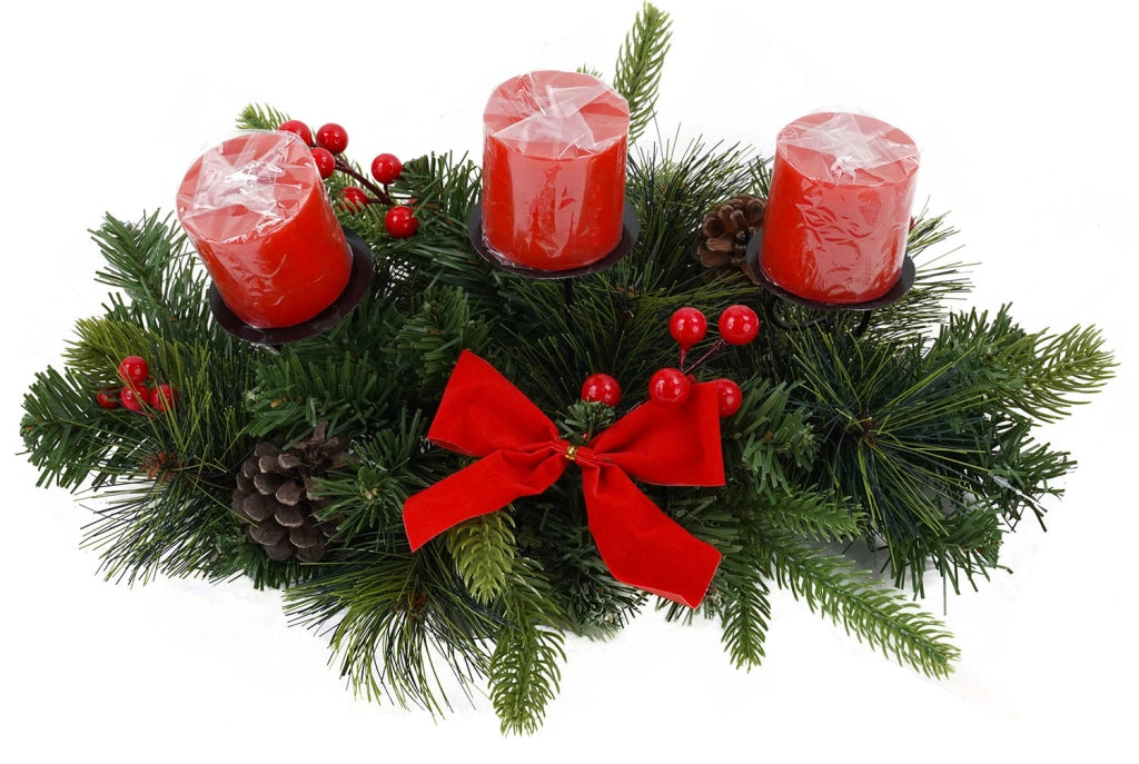 Portacandela 3 Candele con Fiocco Rosso Pigne e  Bacche