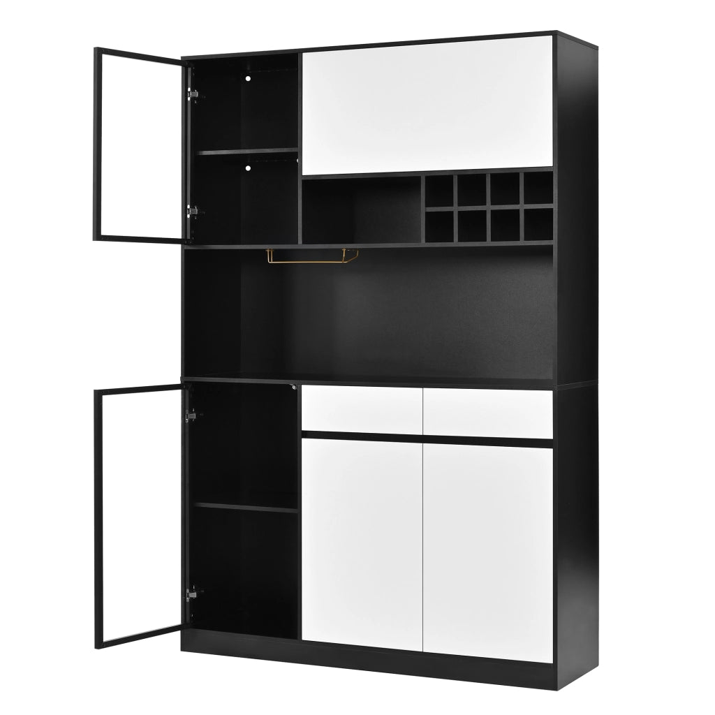 Credenza alta con LED e vetrina, ripiani aperti, vani chiusi e portabottiglie per soggiorno e sala da pranzo, in MDF, nero e bianco, 120 × 35 × 180 cm