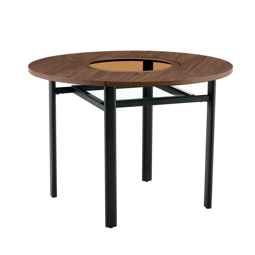 Tavolo rotondo 100 cm in MDF con inserto in vetro e struttura in metallo; marrone/nero