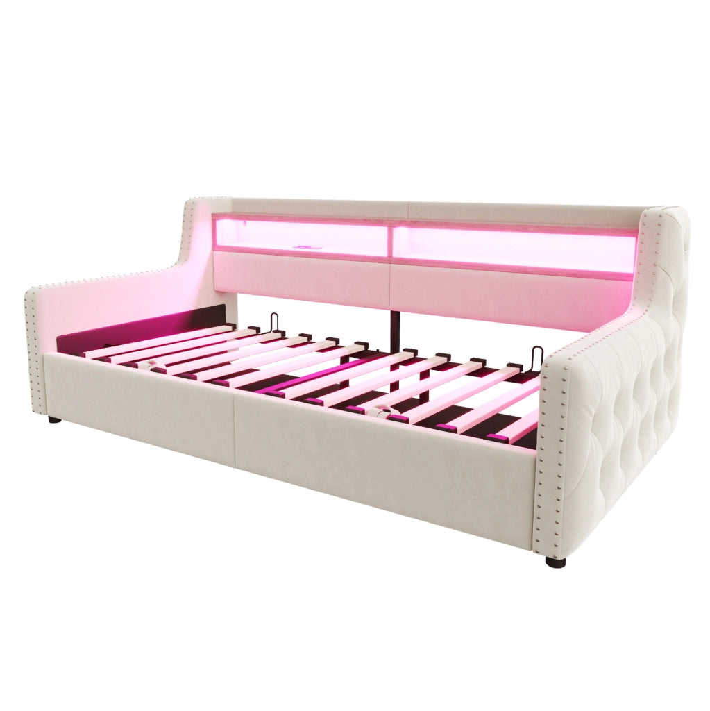 Divano letto 90x200 cm in velluto beige con contenitore; LED; presa e porta USB/Type-C