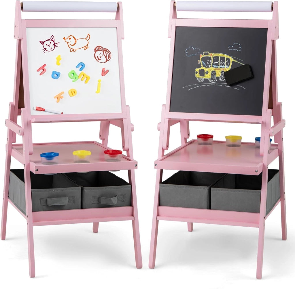 3 in 1 Cavalletto per Bambini, Cavalletto con Doppia Faccia Magnetica e Lavagna Bianca, Rotolo di Carta, 3 Bicchieri per Vernice e 2 Cestini in Tessuto, per Bambini 3-6 Anni (Rosa)