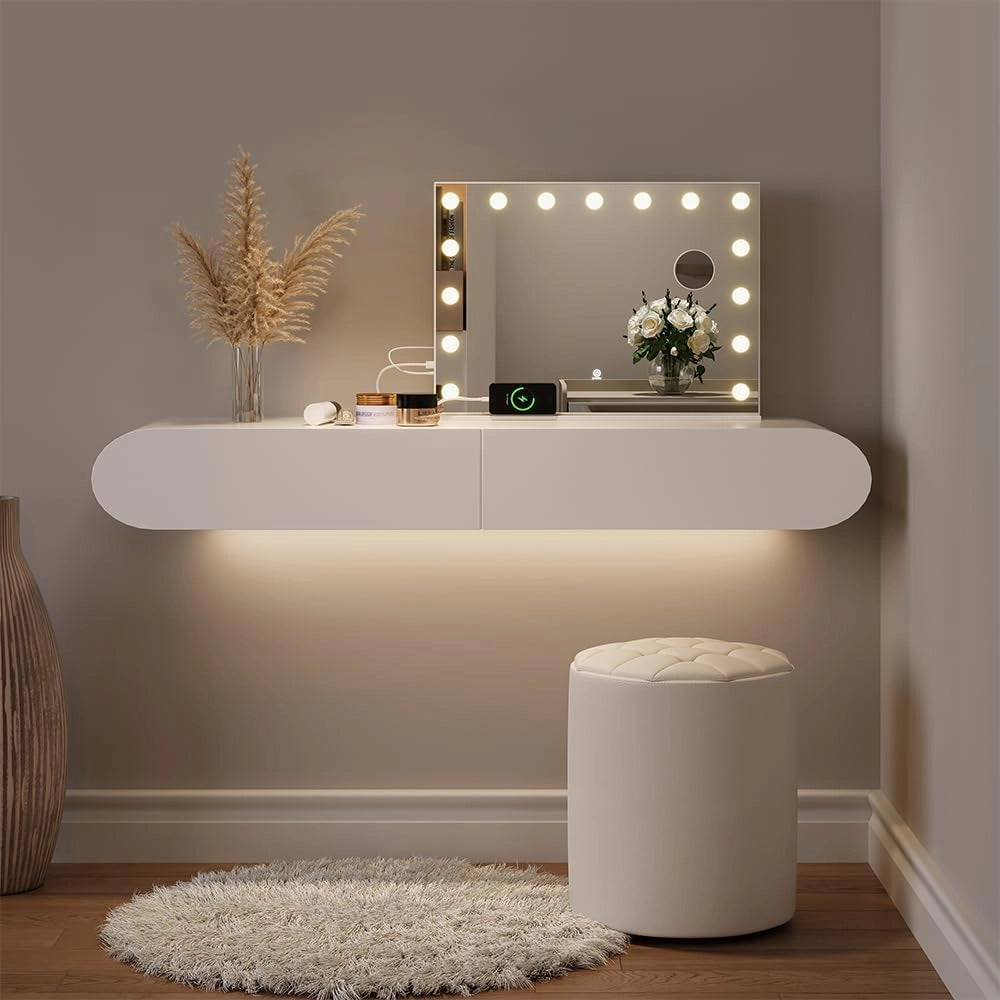 Specchio da toilette Greta, Bianco, 58 x 47 cm con illuminazione a LED, con specchio cosmetico integrato 10x e porta USB