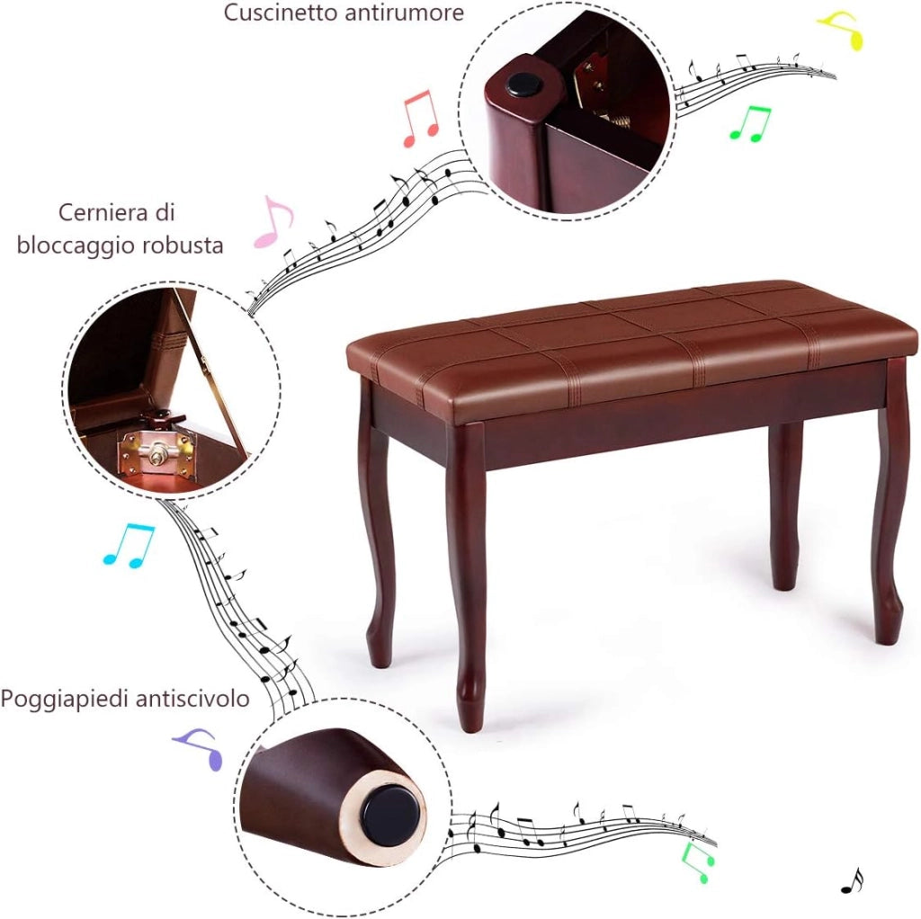 Panca per Piano Sgabello Panca Pianoforte, Cuscino Imbottito, con Scomparto di Immagazzinaggio, Costruzione in Legno Massiccio Rigido (Marrone)