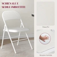 Set 2 Sedie Pieghevoli Imbottite in Finta Pelle PU e Metallo, 45x46x78 cm, Bianco