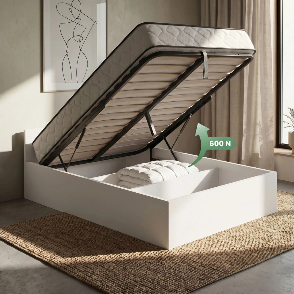 Letto con contenitore 100x200 cm rete sollevabile in metallo e materasso a molle Bianco