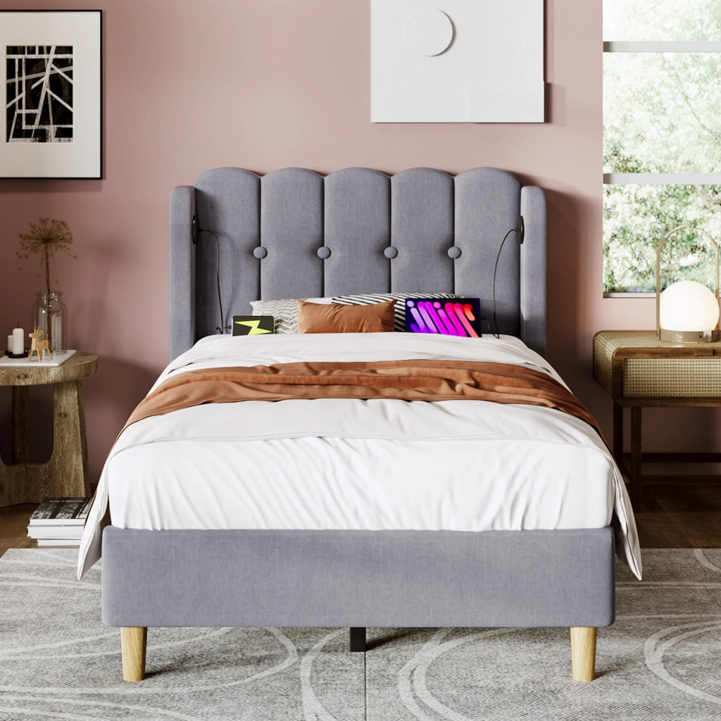 Letto Singolo 90×200 cm; Letto a 1 Piazza con USB; USB-C e Testiera Imbottita; senza Materasso; Lino; Grigio