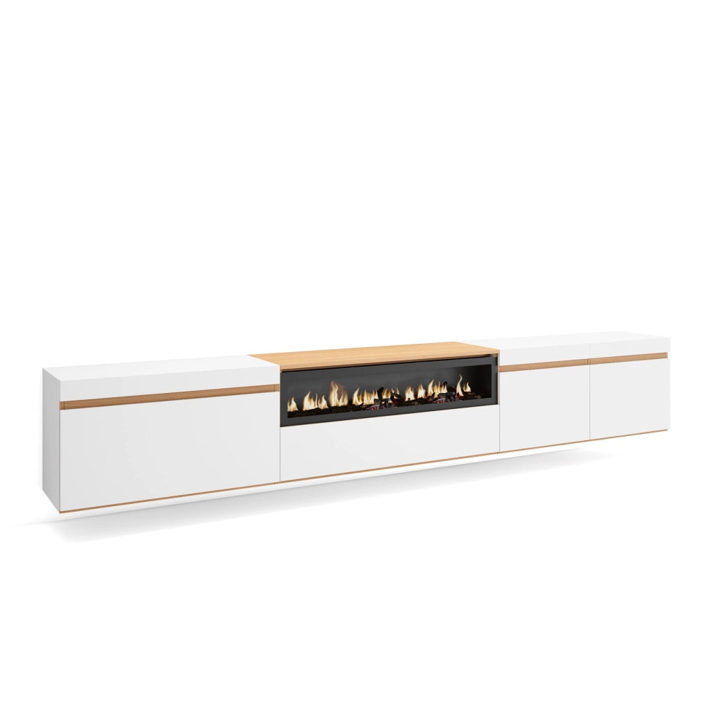 Mobile TV Soggiorno, 288x45x35 cm, TV di grande formato, Camino elettrico, Sospeso, da appendere, Bianco e Rovere soft
