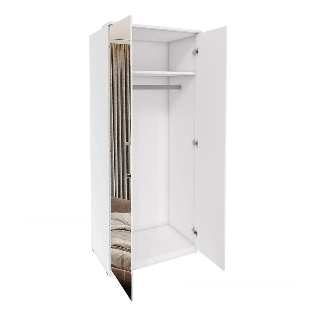 Cabina armadio completa collezione MODULO colore bianco con LED, pannelli di finitura e pacchetti di ripiani inclusi.