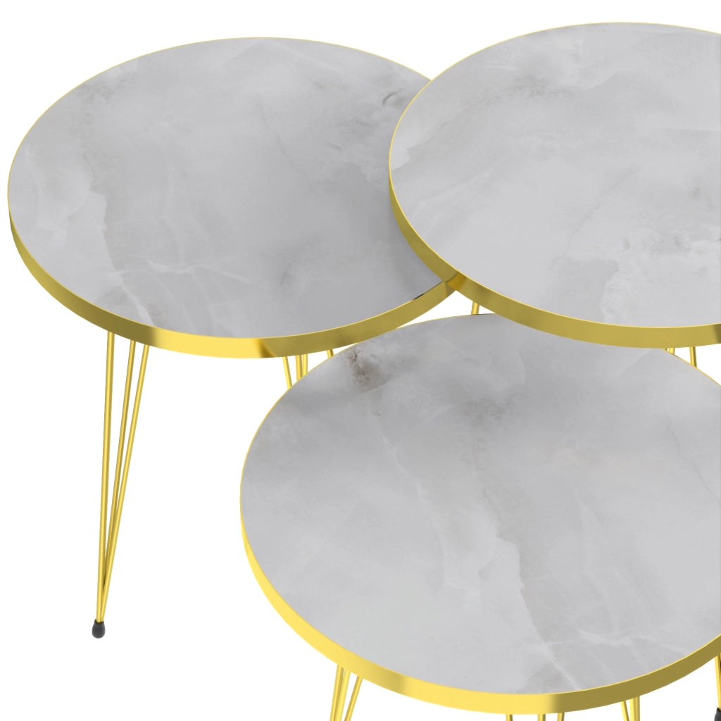 Set 'Skibby' di 3 Tavolini da Salotto Tavolini Bassi a Treppiede in Altezze Diverse Gambe a Forcina e Piani Rotondi Ø38 cm - Marmo Bianco / Oro [en.casa]
