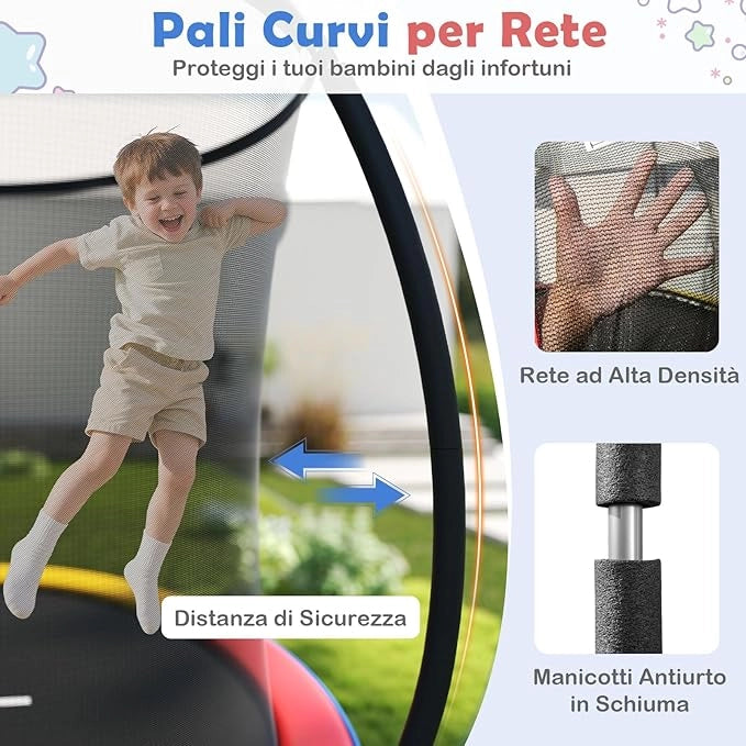 Trampolino Elastico per Bambini e Adulti 244 cm/305 cm/366 cm, Tappeto Elastico da Esterno con Rete di Sicurezza, Scala e Telaio in Acciaio Zincato Antiruggine