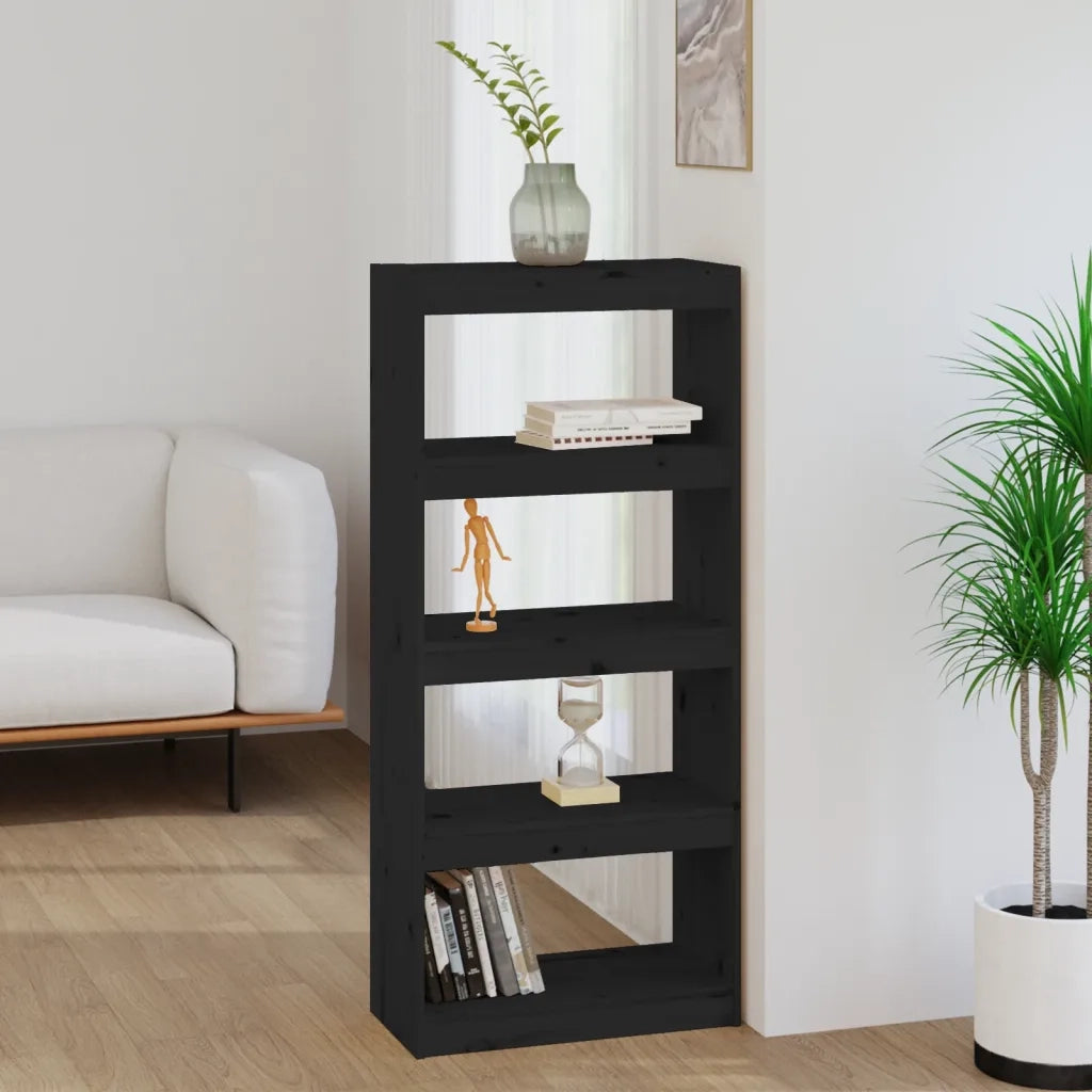Libreria Divisorio-Scaffale per Libri-Mobile di Stoccaggio Nero 60x30x135,5 cm Legno Massello di Pino