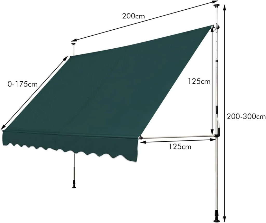 Tenda da Sole per Esterno, Tenda da Sole a Morsetto per Balcone con Struttura Telescopica e Tessuto Resistene ai Raggi Solari, Regolabile in Altezza e in Angolazione (200 cm,Verde)