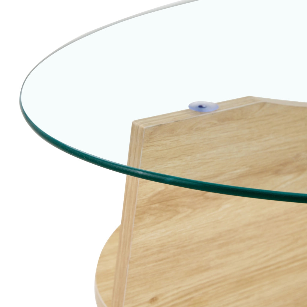 Tavolino ovale trasparente e legno in vetro e MDF con ripiano inferiore