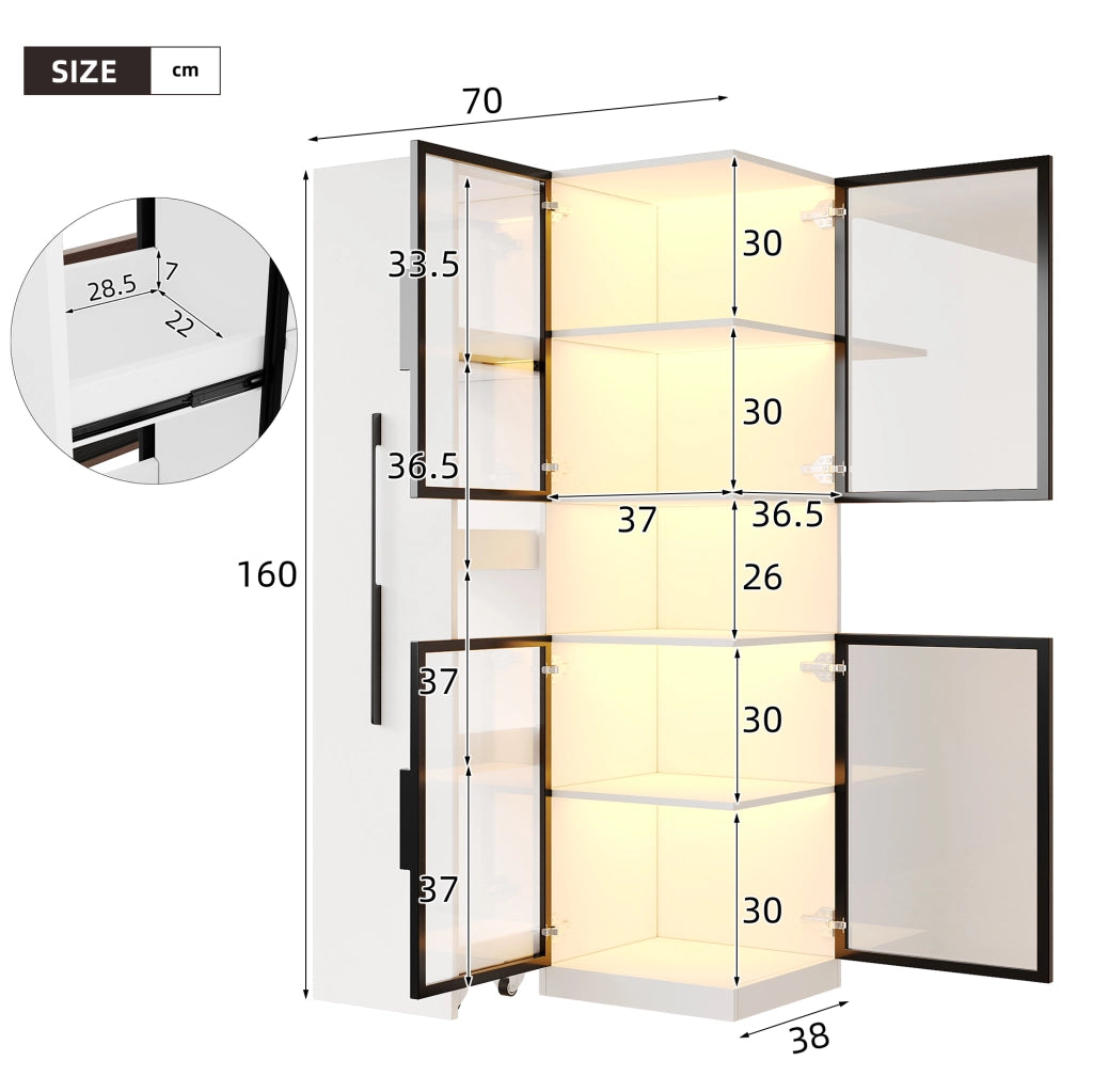 Vetrina 70x38x160 cm in MDF e vetro bianco con LED e vani laterali