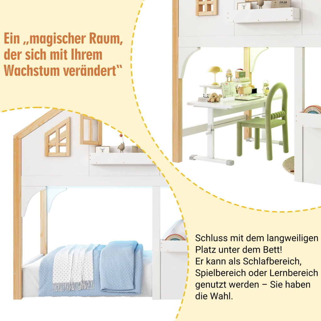 Letto a soppalco per bambini 90x200 cm in legno di pino e MDF con LED e scala contenitore; bianco