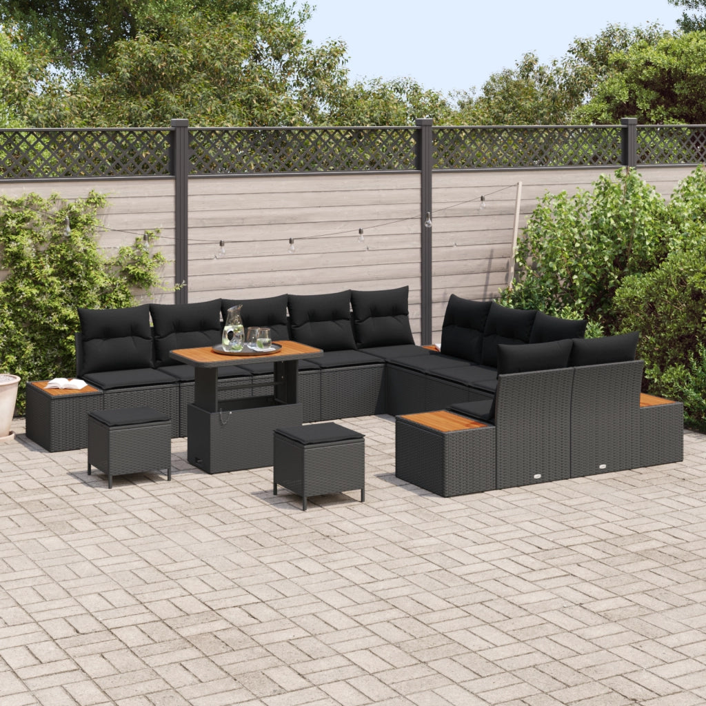 Set Divano Giardino 13 Pezzi con Cuscini Nero Polyrattan Acacia