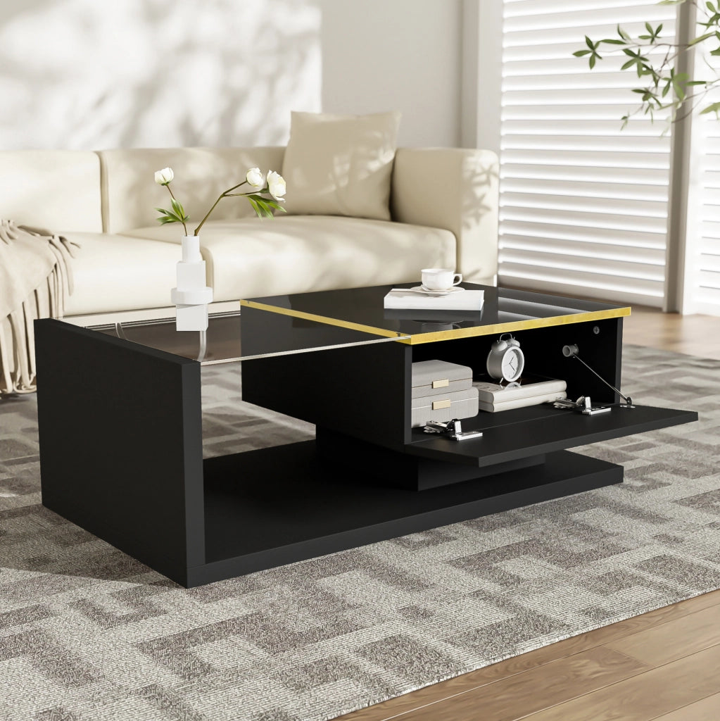 Tavolino da salotto 90x50 cm in nero lucido con piano in vetro temperato e LED a 16 colori