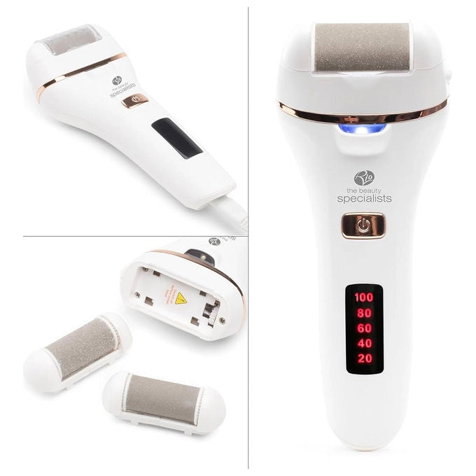 Rio lima elettrica pedicure con aspiratore, 3 testine intercambiabili, 80 min autonomia, ricarica usb, impermeabile ipx6, bianco e oro