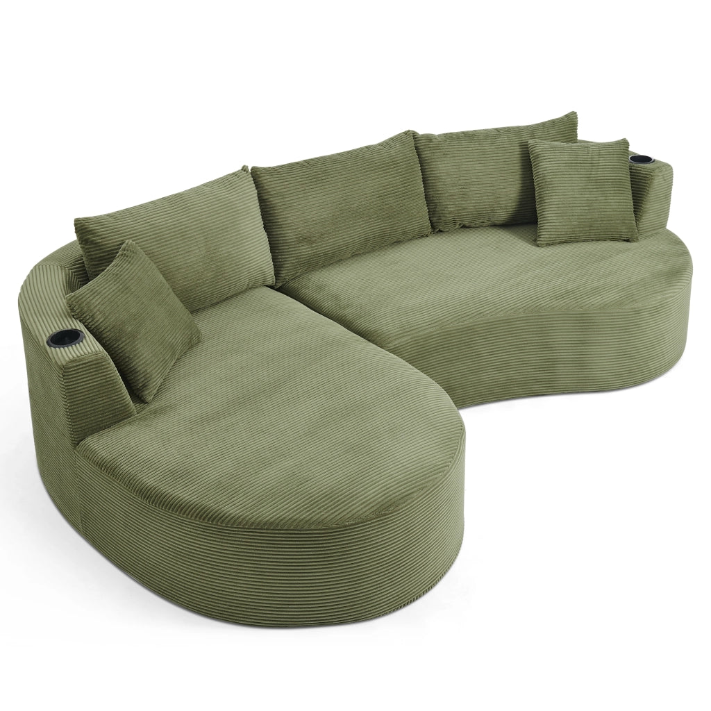 Divano Dritto a 3 Posti con Portabicchieri e Cuscini, Design Curvo, in Schiuma e Tessuto a Coste, Verde