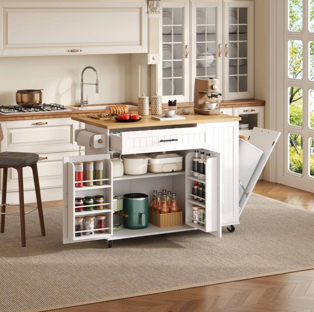 Isola da cucina con piano ribaltabile 130x70x93 cm in MDF bianco; con ruote e cassettone