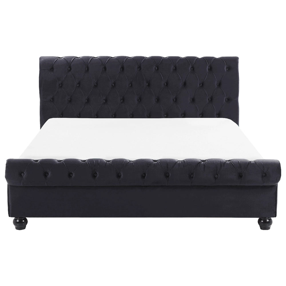 Letto Rivestimento in velluto Nero Gambe in legno Nero matrimoniale 140 x 200 cm con bottoni Glam