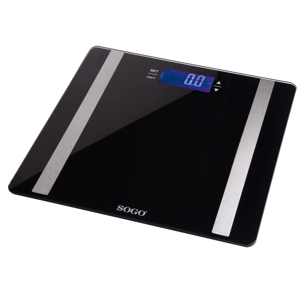 Bilancia pesapersone digitale con misurazione massa grassa e acqua corporea, display LCD, memoria 10 utenti, vetro temperato 6mm - SOGO