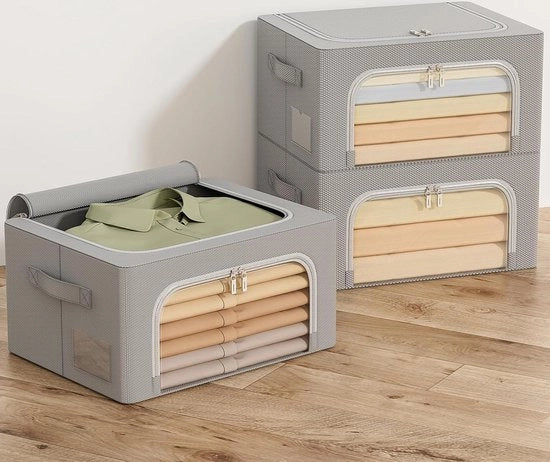 Tas di stoccaggio con struttura metallica per coperte e abbigliamento - Organizzatore di abbigliamento pieghevole - Organizzatore di armadio - Grigio - 24 litri - Set da 3 pezzi