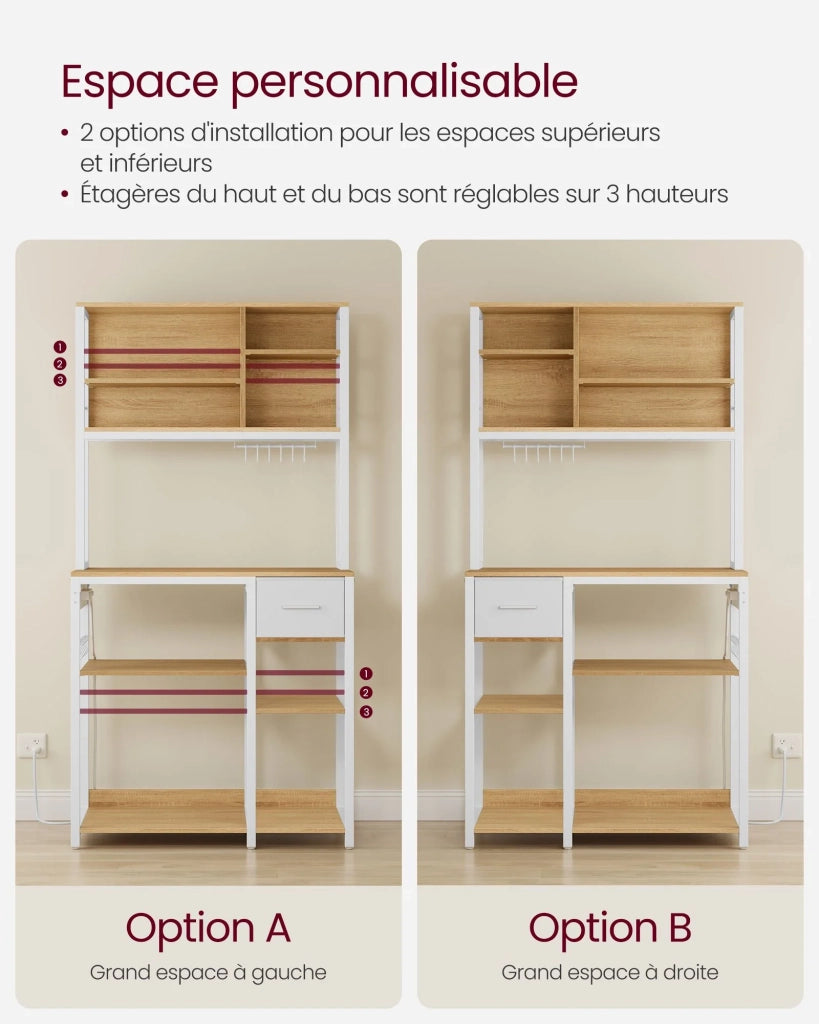 Mensola da cucina con multipresa bar con ripiani regolabili cassetto in tessuto 12 ganci 40 x 80 x 1804 cm supporto per microonde bianco 12_0005658